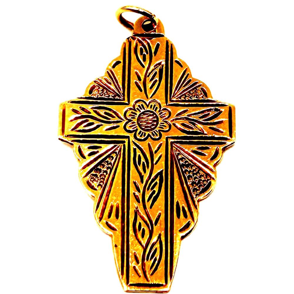 14k Yellow Gold Cross Pendant / Charm with flower design